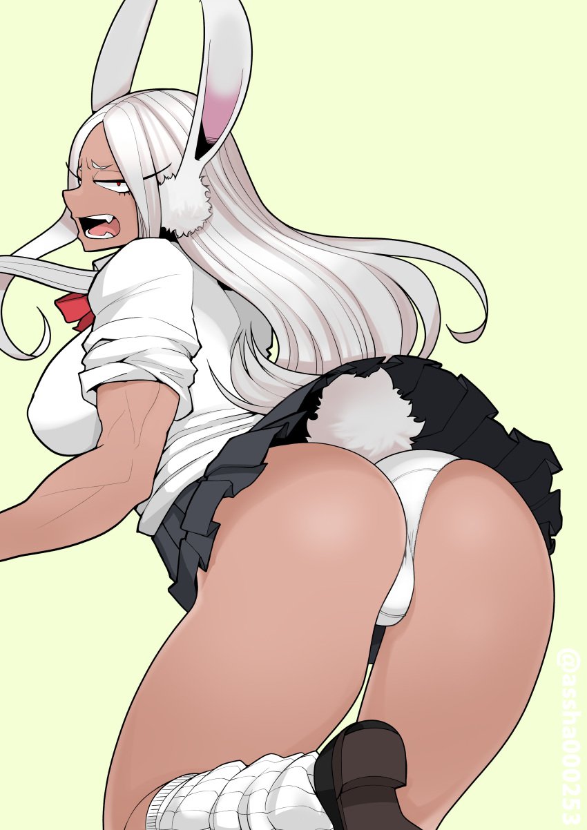 1girls absurdres animal_ears asha ass ass_focus black_footwear black_skirt boku_no_hero_academia bow bowtie breasts commentary_request dark-skinned_female dark_skin female foot_out_of_frame from_behind highres large_breasts long_hair looking_at_viewer looking_back loose_socks miniskirt mirko miruko my_hero_academia open_mouth panties pleated_skirt rabbit_ears rabbit_girl rabbit_tail red_bow red_bowtie red_eyes rumi_usagiyama schector_(asha000253) school_uniform shirt shoes simple_background skirt sleeves_rolled_up socks solo tail thick_thighs thighs underwear wedgie white_hair white_panties white_shirt white_socks