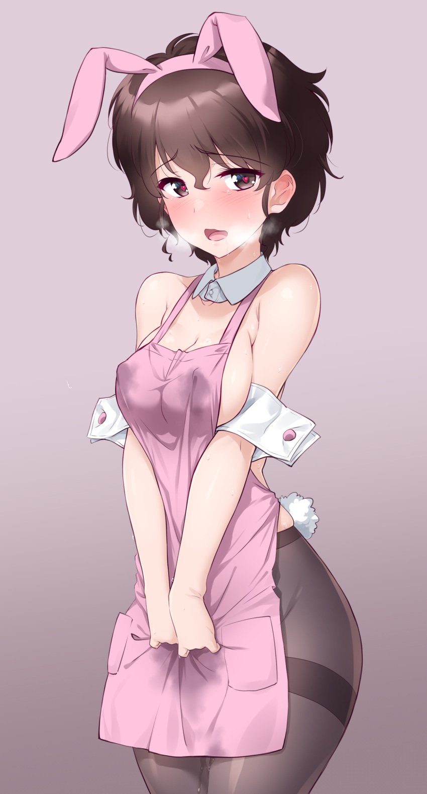 akiyama_yoshiko apron blush breasts cleavage female girls_und_panzer heart-shaped_pupils kuzuryuu_kennosuke lactation lactation_through_clothes large_breasts looking_at_viewer mature_female milf no_bra open_mouth pantyhose pussy_juice pussy_juice_drip pussy_juice_drip_through_clothes pussy_juice_stain rabbit_ears rabbit_tail short_hair sideboob solo