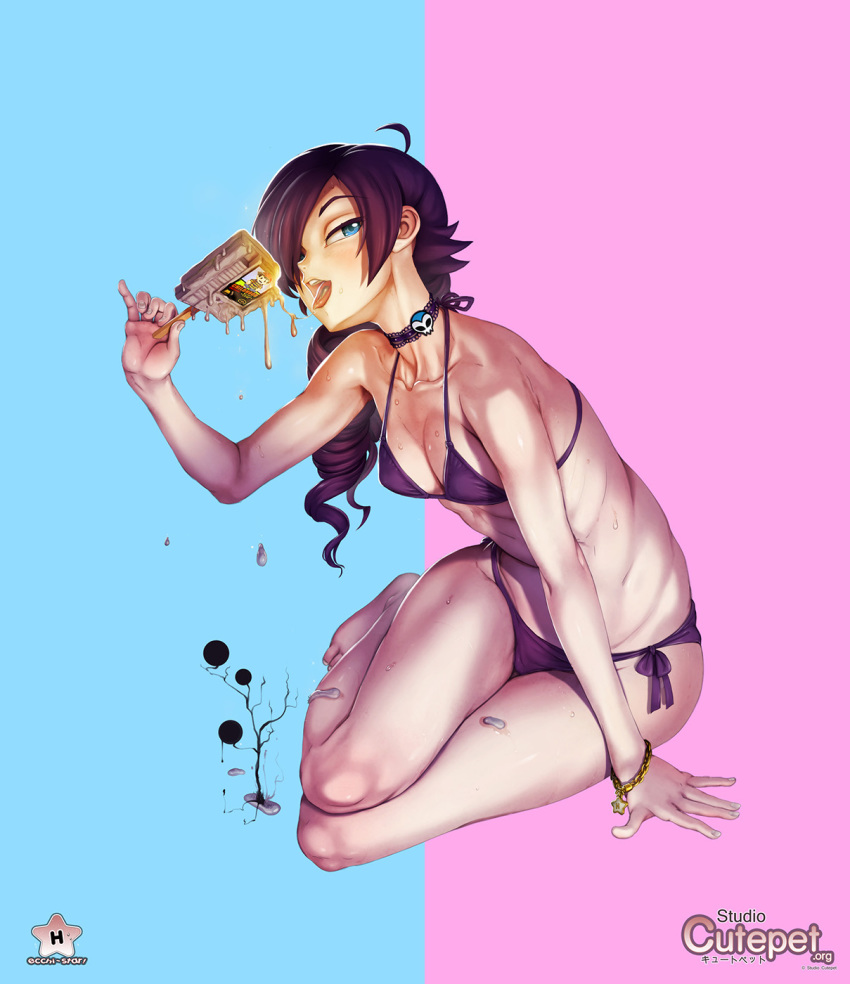 1girls arm_support bikini blue_eyes bracelet cartridge choker curly_hair cutepet earthbound goth hair hair_over_one_eye highres human long_hair looking_at_viewer ness nintendo open_mouth plant popsicle purple_bikini purple_hair simple_background sitting smile solo sweat sweatdrop tongue tongue_out zone-tan