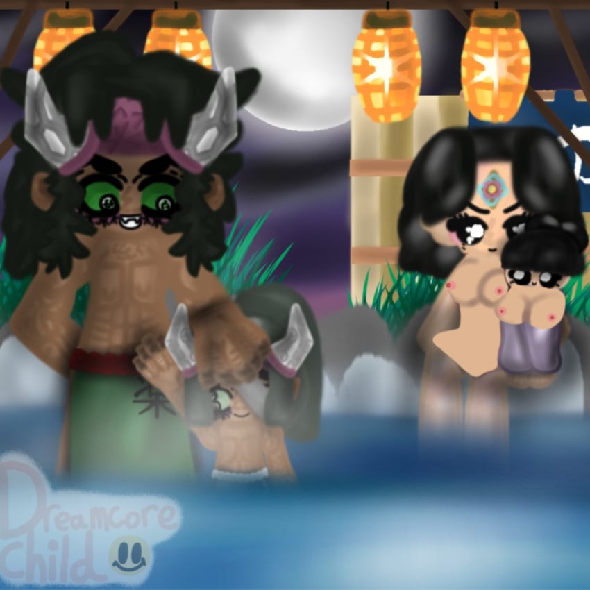 2boys 2girls big_breasts breasts breasts_out demon_boy demon_girl demon_horns demon_humanoid demon_slayer demoness female green_eyes green_sclera hantengu hot_spring karaku long_hair long_hair_female long_hair_male male nude nude_female nude_male oc original_character original_characters pale-skinned_female tan-skinned_male water
