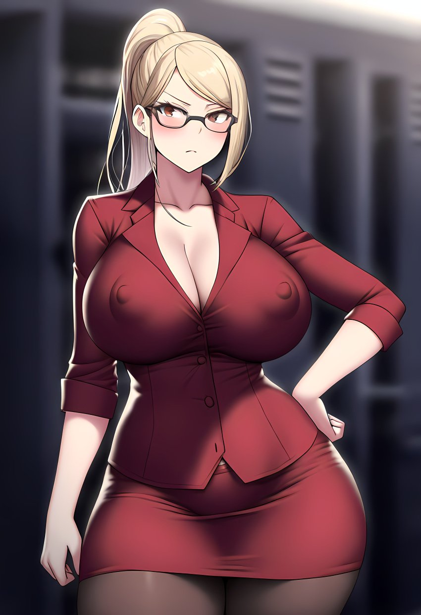 1girls ai_generated akiyama_kaede angry angry_face big_breasts bimbo bimbo_body blonde_hair blush breasts brown_eyes clothed clothed_female clothing collarbone curvaceous curves curvy curvy_body curvy_female curvy_figure eyebrows eyelashes female female_only glasses huge_breasts kengan_(series) kengan_ashura light-skinned_female light_skin nipples_visible_through_clothing novelai pale-skinned_female pale_skin ponytail red_clothing skirt solo solo_female standing voluptuous voluptuous_female white_skin