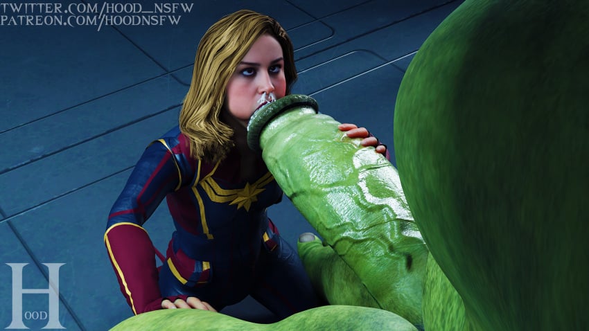 1boy 1girls 3d avengers brie_larson captain_marvel carol_danvers cum cum_in_mouth fellatio female gigantic_penis green-skinned_male green_skin hulk hulk_(series) human it'll_never_fit light-skinned_female light_skin male marvel marvel_cinematic_universe monster self_upload sfm_hood straight