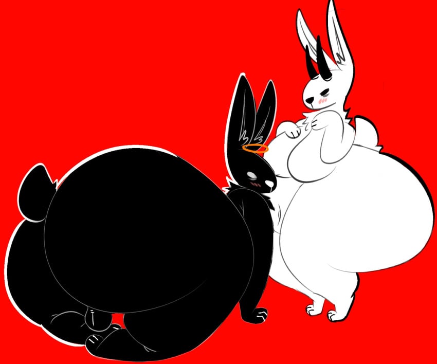 anthro ass balls big_breasts big_butt black_body black_fur blush breasts duo female fur genitals halo hi_res horn huge_butt huge_hips huge_thighs lagomorph leporid looking_back male mammal rabbit stankbank tail thick_thighs white_body white_fur wide_hips