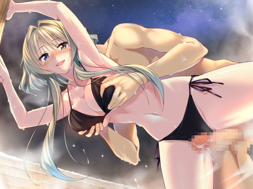 absurdres amakano armpits bent_over bikini blonde_hair blush breast_grab breasts censored female from_below game_cg highres huge_breasts kanbayashi_mizuki legs long_hair looking_at_viewer navel night open_mouth penis piromizu purple_eyes sky stars steam sweat thighs