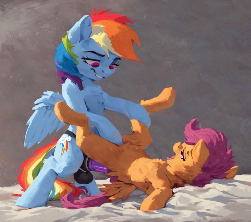 2girls adult_on_cub adult_on_young age_difference ai_generated bed clitoral_stimulation cub cutie_mark duo female foal friendship_is_magic multicolored_hair my_little_pony older_female pegasus pink_eyes rainbow_dash_(mlp) scootaloo_(mlp) sex_toy strap-on young yuri