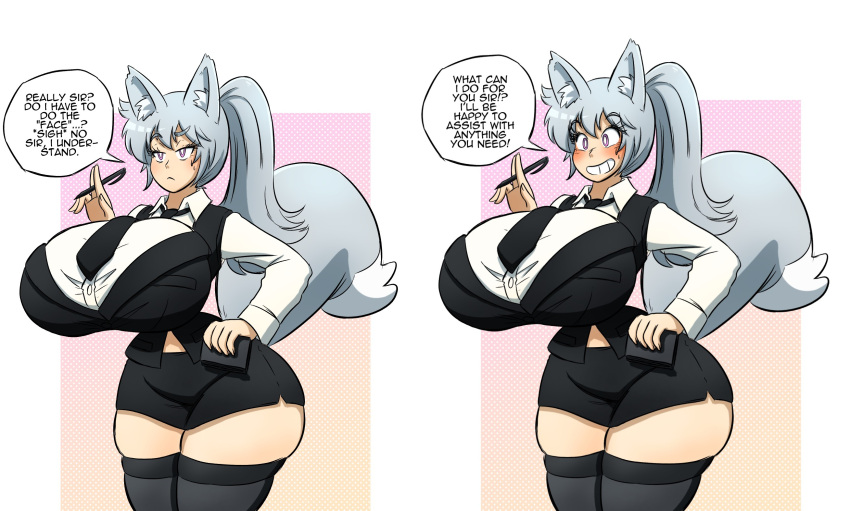 brainwashing emie_(kobi) fox_girl hand_on_hip hi_res huge_breasts kobi-tfs large_ass large_tail office_lady pink_eyes raised_eyebrow shorts silver_hair smiling text thick_thighs thighhighs upset