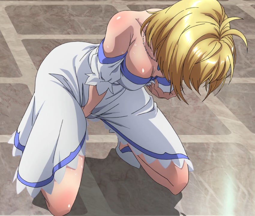 angelise_ikaruga_misurugi bare_shoulders between_legs blonde_hair breast_grab breast_hold breasts cross_ange dress female hand_between_legs highres jewelry kneeling masturbation necklace on_floor pendant screencap shadow shiny shiny_hair shiny_skin short_hair short_sleeves solo strapless_dress white_dress