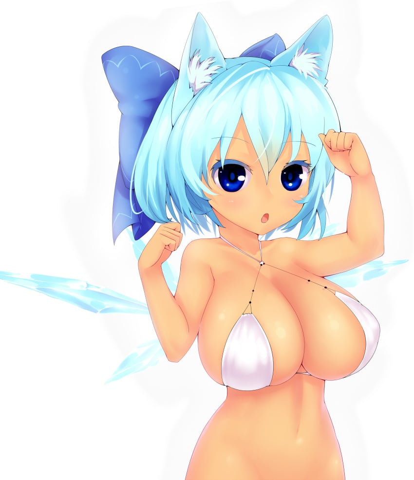 :o absurdres alternate_breast_size alternate_costume animal_ears arantheus bare_shoulders bikini blue_eyes blue_hair blush bottomless bow breasts cat_ears cirno cleavage female hairbow highres ice ice_wings kemonomimi_mode large_breasts looking_at_viewer navel paw_pose short_hair simple_background solo swimsuit tan tan_skin touhou white_background wings