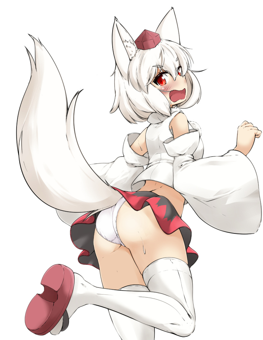 animal_ear_fluff animal_ears ass blush detached_sleeves embarrassed female from_behind hat highres inubashiri_momiji looking_at_viewer mepikari miniskirt momiji_inubashiri okobo open_mouth panties pantyshot pom_pom_(clothes) red_eyes sandals short_hair skirt solo sweatdrop tail tail_under_clothes tearing_up thighhighs tokin_hat touhou underwear wavy_mouth white_background white_hair white_thighhighs wolf_ears wolf_girl wolf_tail