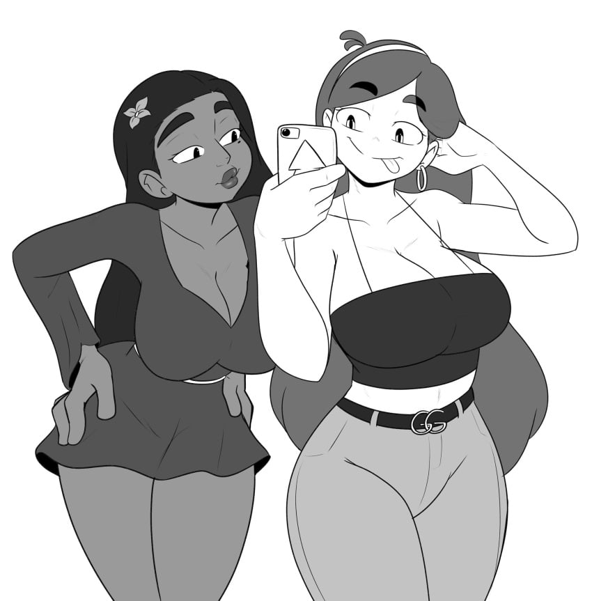 2girls big_ass big_breasts breasts cleavage clothed colombian colombian_female crossover disney disney_channel disney_xd earrings encanto female female_only gravity_falls hair_flower hair_ornament hairband hoop_earrings isabela_madrigal klassyarts_(artist) large_hair latina long_hair mabel_pines monochrome phone photo selfie sexy_outfit standing thick_thighs tongue_out white_background