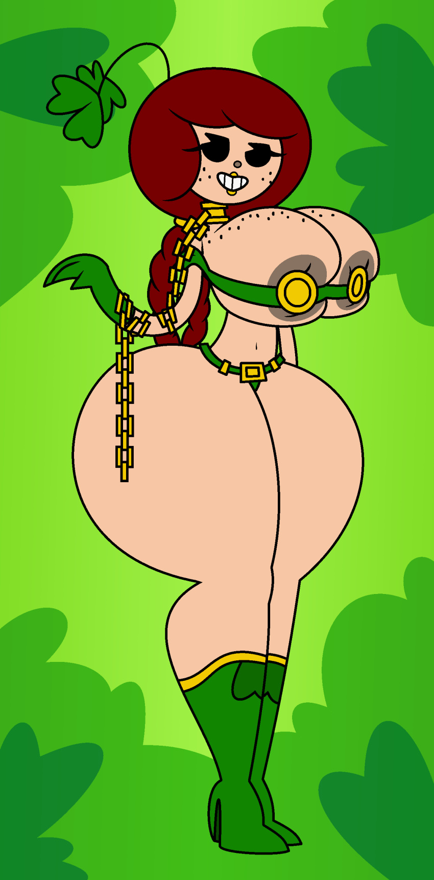 belt big_breasts boots braided_hair braided_twintails braids breasts_bigger_than_torso breasts_squeeze breasts_tied chain_collar chained_collar chains collared cookie_(gameboi) dark_hair detailed_background digital_art fanart four_leaf_clover freckles freckles_on_breasts freckles_on_chest freckles_on_face gold_belt gold_bikini_top gold_lips green_background green_bikini_bottom half-closed_eyes heart_background high_heel_boots high_heels holding_chain la-artist322_(artist) large_breasts leprechaun leprechaun_girl light_green_background nipples_peek original_character self_upload slave slave_bikini slave_collar slave_outfit slavegirl smiling_at_viewer thick thick_hips thick_legs thick_thighs