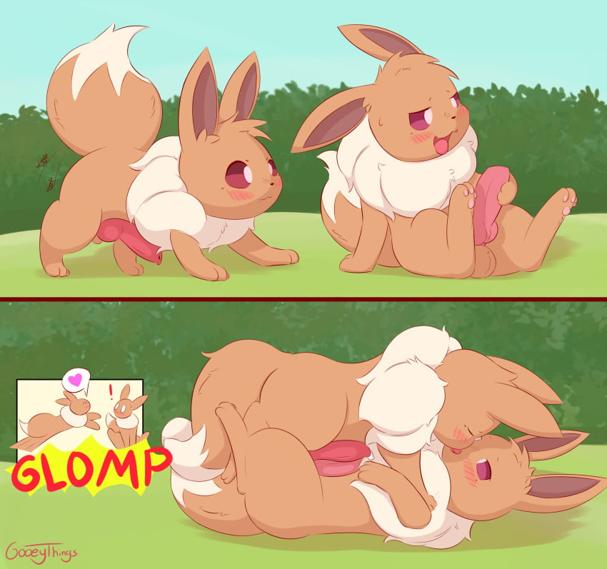 absurd_res animal_genitalia animal_penis balls blush blush_lines bodily_fluids brown_body brown_fur canine_genitalia canine_penis closed_eyes comic duo eevee entwined_tails feral frottage fur generation_1_pokemon genital_fluids genitals gooeythings grass hi_res holding_penis kissing male male/male male_only mane nintendo pawpads paws penis plant pokemon pokemon_(species) precum red_eyes signature tail tail_coil white_body white_fur