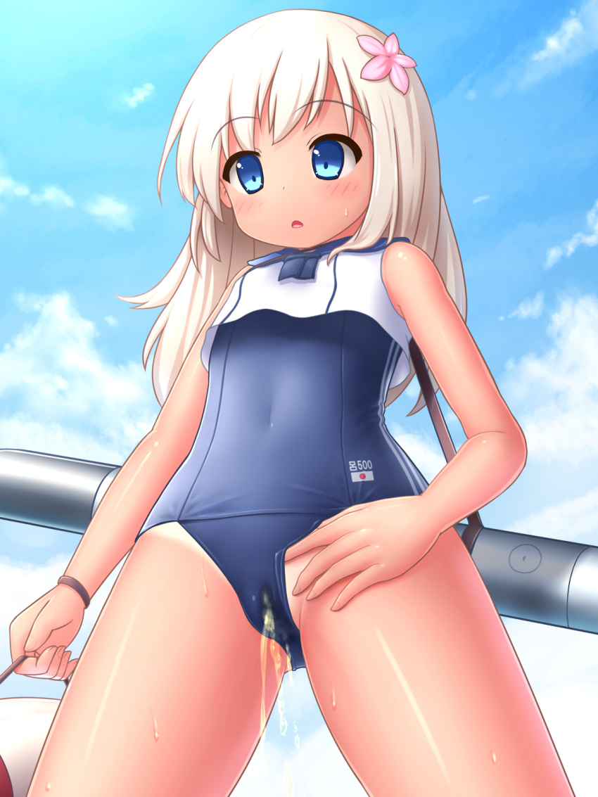 blonde_hair blue_eyes blush crop_top female flower hair_flower hair_ornament highres kantai_collection kazumi_(syoki4230) long_hair peeing ro-500_(kantai_collection) sailor_collar school_swimsuit solo swimsuit swimsuit_under_clothes tan tanline torpedo young