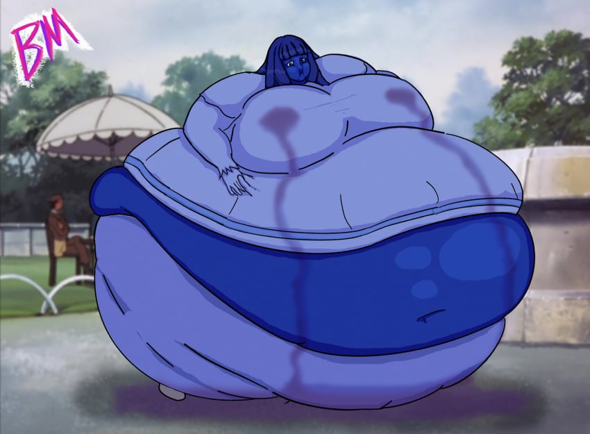 big_belly big_belly_bulge bloomers blue_skin blueberry blueberry_inflation body_inflation booberries_morphs fat gain huge_ass huge_belly huge_breasts kihel_heim leaking leaking_nipples petticoat plump stains turn_a_gundam weight