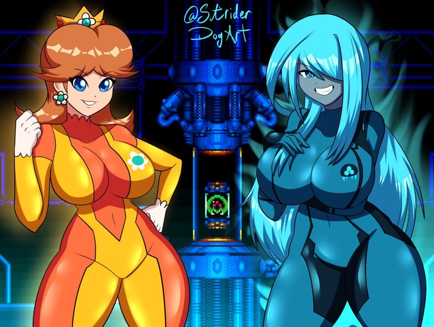 2girls blue_hair breasts brown_hair crossover dark_samus female female_only looking_at_viewer mario_(series) metroid nintendo princess_daisy striderdogart tagme white_skin zero_suit