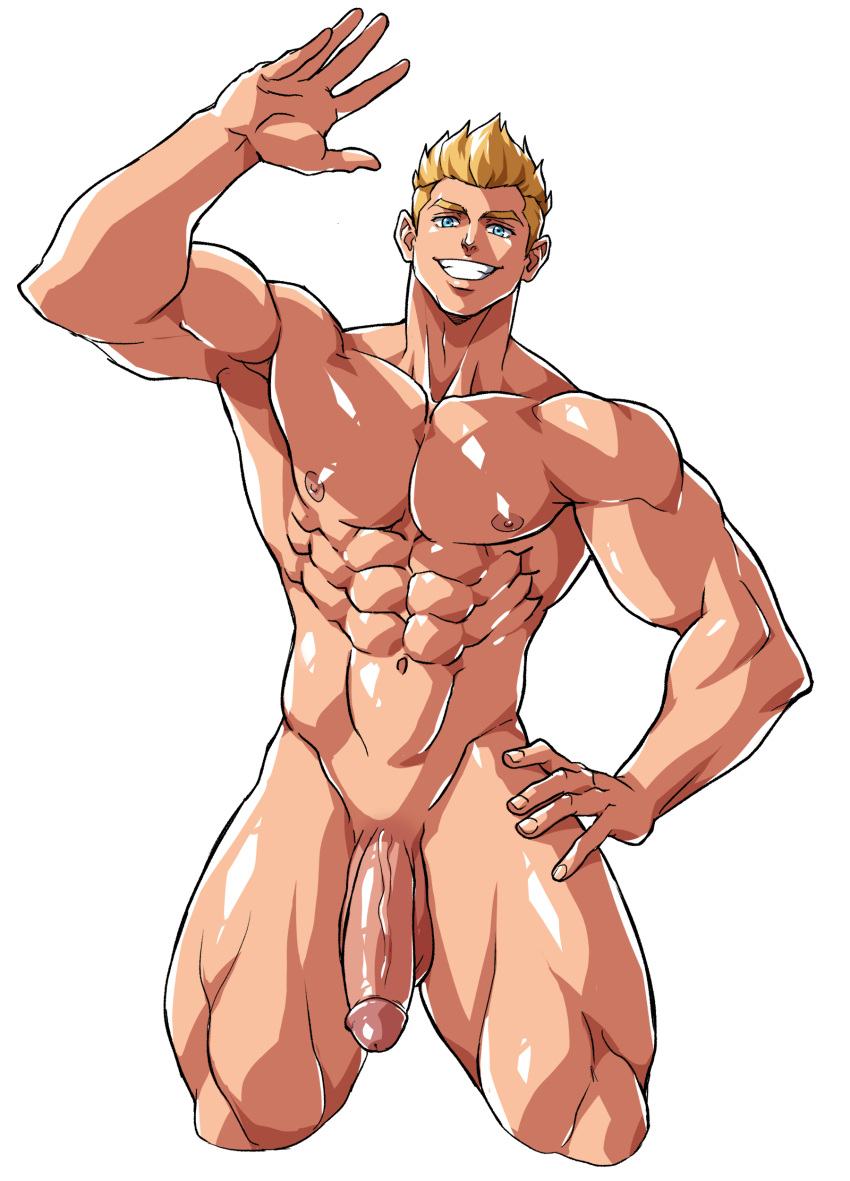 1boy abs balls bara barazoku biceps big_balls big_penis blonde_hair clothing ichan looking_at_viewer male male_nipples male_only muscular_male nipples nude pecs penis silvyspark