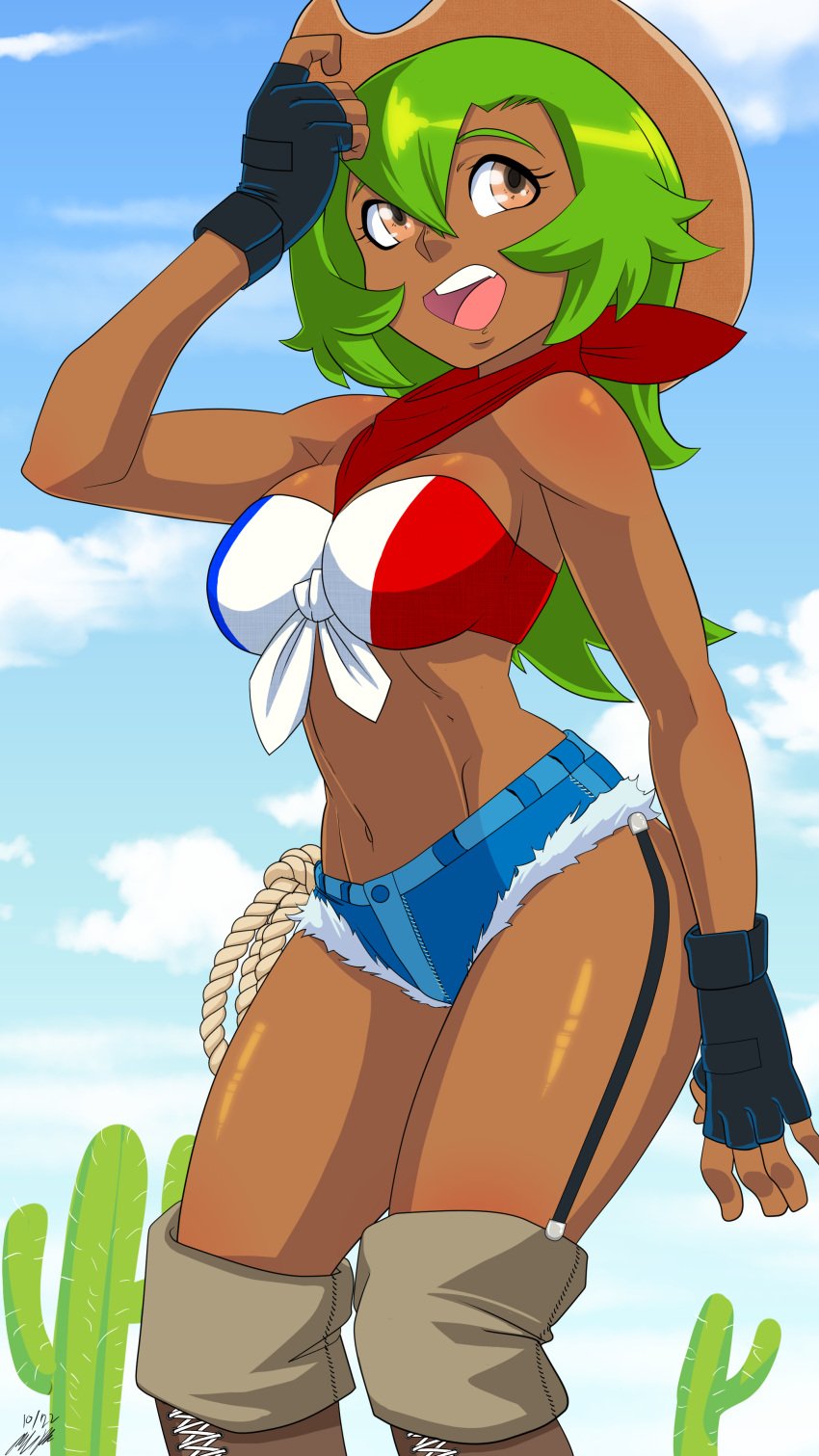 1girl 1girls amalia ankama athletic_female belly belly_button big_breasts breasts cowgirl_hat cowgirl_outfit dark-skinned_female dark_skin female female_focus female_only fingerless_gloves gloves green_hair hat lasso long_hair looking_away midriff navel orange_eyes princess_amalia_sheran_sharm sadida scarf solo_female thick_thighs thighs unicornlord wakfu