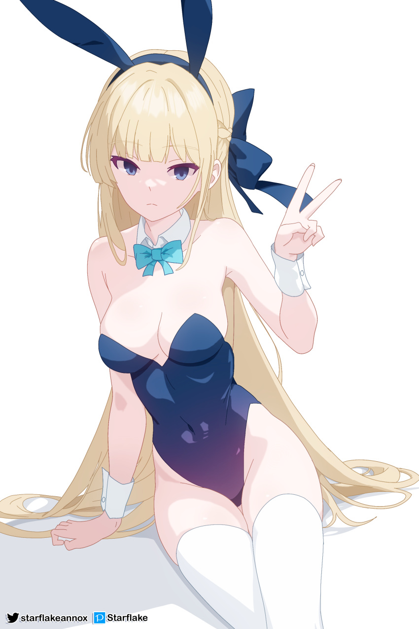 1girls absurd_res absurdres areolae arm_support armpits bare_chest bare_shoulders bare_skin bare_thighs belly belly_button blonde_eyebrows blonde_female blonde_hair blonde_hair_female blue_archive blue_bowtie blue_bunny_ears blue_eyes blue_eyes_female blue_hair_ribbon blue_leotard blue_ribbon bowtie braid braided_hair breasts bunny_ears bunny_girl cleavage collar collarbone crown_braid dot_nose elbows eyebrows_visible_through_hair female female_focus female_only fingernails fingers groin hair_ribbon high_resolution highres hourglass_figure knees legs light-skinned_female light_skin long_hair looking_at_viewer medium_breasts naked naked_female navel nipples nude nude_female playboy_bunny pussy ribbon shoulders simple_background sitting sitting_on_floor sitting_on_ground skinny skinny_female skinny_girl skinny_waist slender_body slender_waist slim_girl slim_waist solo starflake_(artist) thighhighs thighs thin_waist toki_(blue_archive) upper_body v v-line white_background white_collar white_thighhighs white_wrist_cuffs wide_hips wrist_cuffs