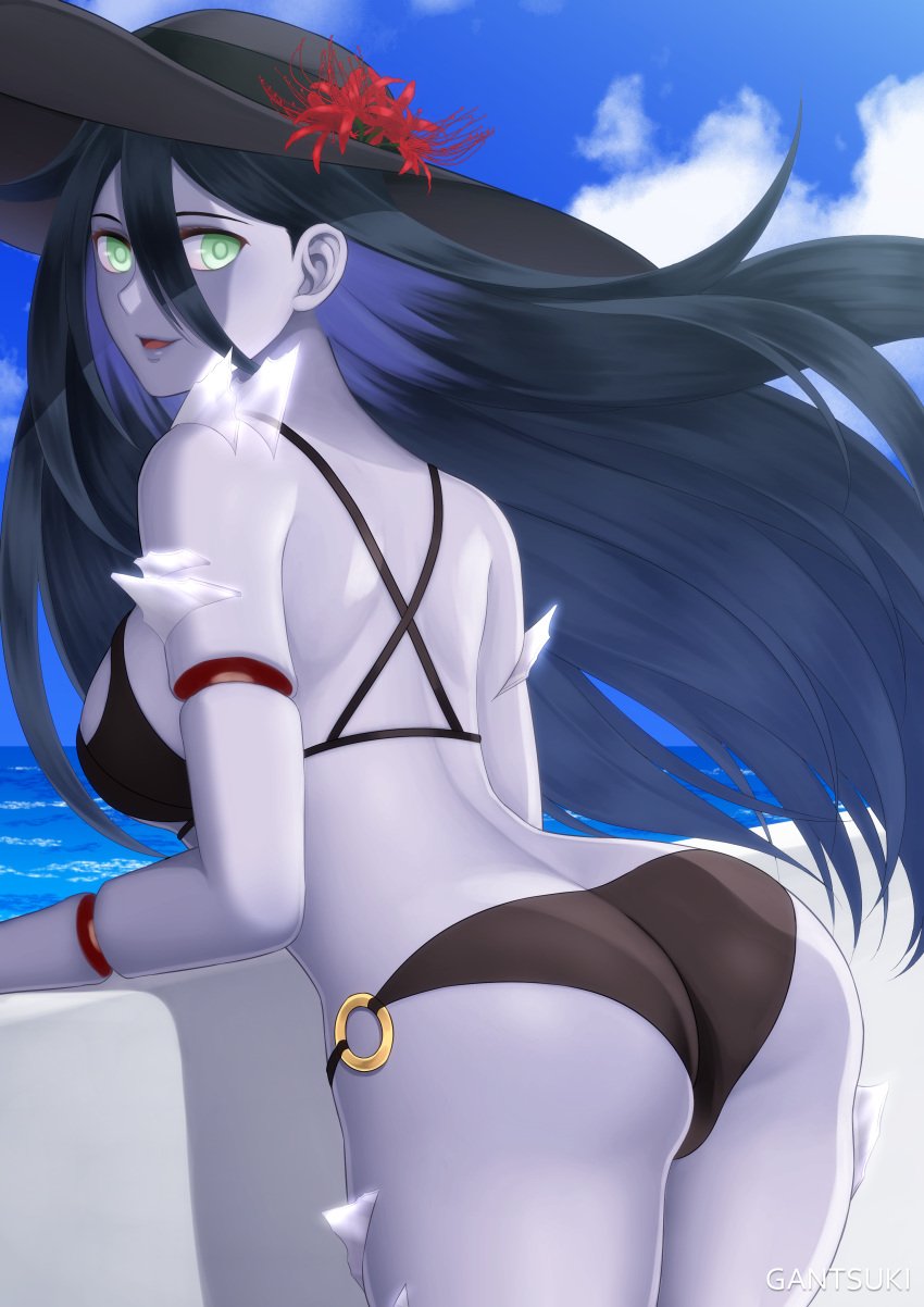 1girls 2022 ass back_view bare_back big_ass big_breasts big_thighs bikini black_hair blue_body blue_skin dark_hair dbd dead_by_daylight female gantsuki ghost ghost_girl green_eyes gumroad long_hair looking_at_viewer looking_back rin_yamaoka smile solo straight_hair sun_hat the_spirit_(dead_by_daylight) undead