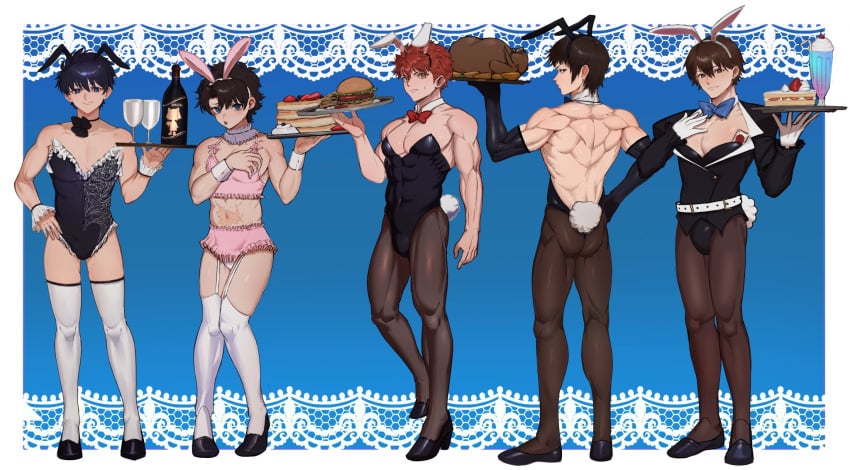 2d 5boys angry blush bunny_ears bunnysuit embarrassed emiya_shirou fate/extra fate/grand_order fate/stay_night fate_(series) fujimaru_ritsuka_(male) garter_straps glaring grin gudao hakuno_kishinami high_heels kowai_(iamkowai) mahou_tsukai_no_yoru male male_only multiple_boys muscles muscular muscular_male scars shizuki_soujuurou shy smile smug sweat sweatdrop thighhighs thighs tohno_shiki tongue tongue_out tsukihime type-moon uncomfortable