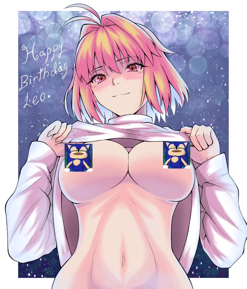 arcueid_brunestud belly blonde_hair blush breasts censored censored_nipples censorship clothes_lift feradioko2001 funny_censor highres huge_breasts large_breasts looking_at_viewer melty_blood no_bra red_eyes short_hair solo sonic_the_hedgehog stripping sweat sweater sweater_lift tsukihime tummy turtleneck type-moon underboob undressing