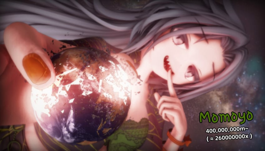 female_focus female_only finger_on_lip giantess giantess_growth giga_giantess goddess growth himemushi_momoyo humiliation laughing macro_female planet_destruction planetary_macro serasphere sharp_teeth silver_hair touhou touhou_project