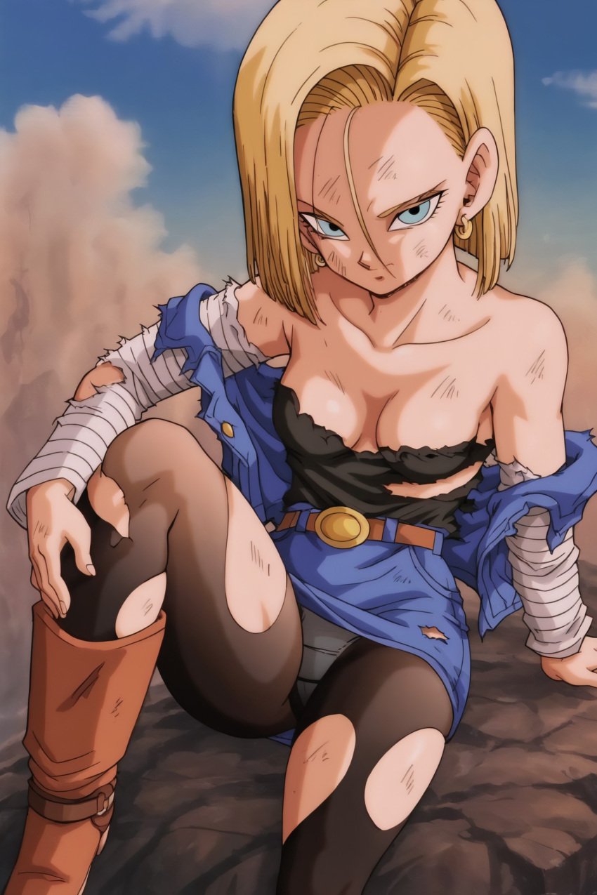 1girls accurate_art_style after_battle after_fight ai_generated android_18 anime_style bare_chest bare_shoulders belt big_breasts blonde_hair boots breasts cleavage clothing denim denim_vest destroyed_clothing dragon_ball dragon_ball_z female female_only hellkaiza hoop_earrings long_boots looking_at_viewer mature mature_female milf no_bra open_clothes oppai panties panties_visible_through_clothing pants pinup ripped_clothing ripped_pants ripped_shirt rock shirt sitting sitting_on_rock skirt smile solo solo_focus torn_clothes torn_pants torn_pantyhose underwear vest