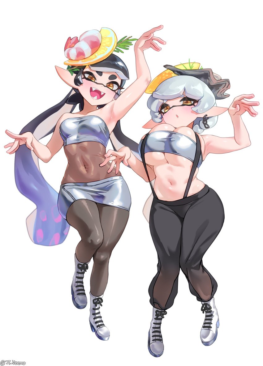 1girls 2girls alternate_costume big_breasts black_hair breasts callie_(splatoon) callie_(summer_nights) female hi_res huge_breasts inkling jtveemo light-skinned_female light_skin long_hair marie_(splatoon) marie_(summer_nights) medium_breasts nintendo official_alternate_costume short_hair splatfest splatoon splatoon_(series) squid_sisters summer_nights_splatfest tentacle_hair white_hair