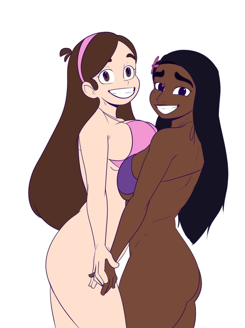 2girls almost_naked almost_nude asymmetrical_docking big_ass big_breasts black_hair bottomless breast_squeeze breasts_on_breasts brown_hair chocolate_and_vanilla crossover dark-skinned_female disney encanto gravity_falls hand_grab happy holding_hands interracial isabela_madrigal klassyarts_(artist) latina light-skinned_female mabel_pines medium_breasts smiling_at_viewer smilling thick_thighs white_female yuri