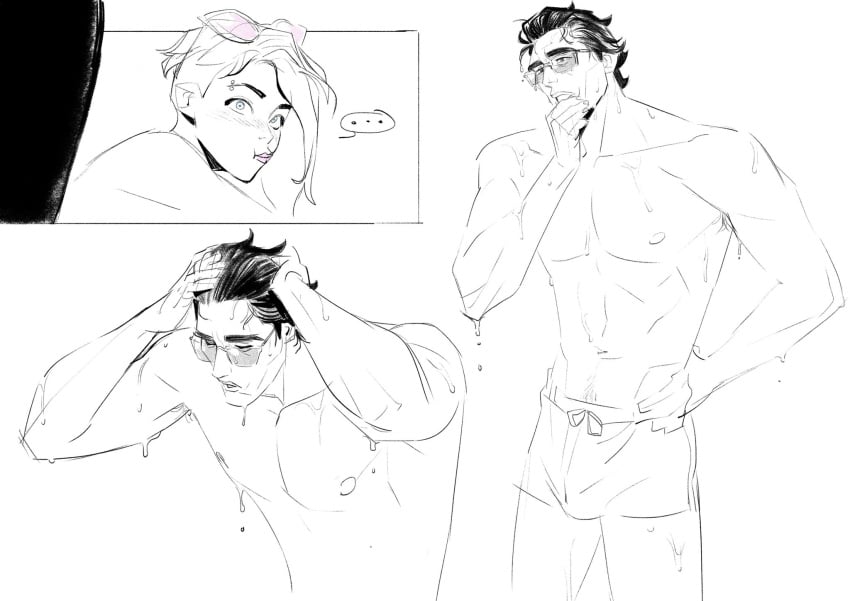 across_the_spider-verse bathing_suit black_and_white black_hair blush erection eyebrow_piercing gwen_stacy kbmon line_art male male_focus marvel miguel_o'hara monochrome shaved_side sketch slicked_back_hair spider-man:_across_the_spider-verse spider-man_(series) staring sunglasses