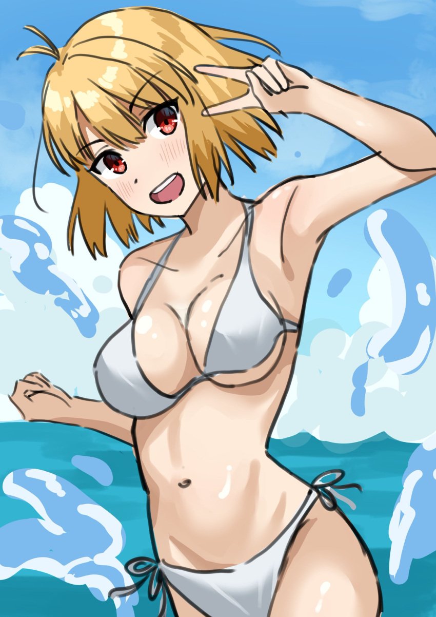 antenna_hair arcueid_brunestud bare_shoulders bikini blonde_hair breasts cleavage collarbone hair_between_eyes large_breasts light_blush linea_alba looking_at_viewer medium_hair melty_blood mtj_yw2 navel open_mouth red_eyes smile swimsuit tsukihime white_bikini