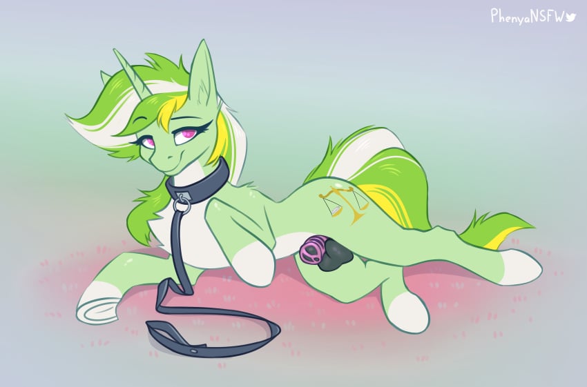 balls black_collar chastity_cage chastity_device collar cutie_mark equid equine fan_character feral fur genitals green_body green_fur green_hair hair hasbro hi_res hooves horn leash leg_markings lying male mammal markings multicolored_hair my_little_pony mythological_creature mythological_equine mythology on_side phenyanyanya pink_chastity_cage pink_eyes quadruped smile socks_(marking) unicorn white_body white_fur white_hair yellow_horn