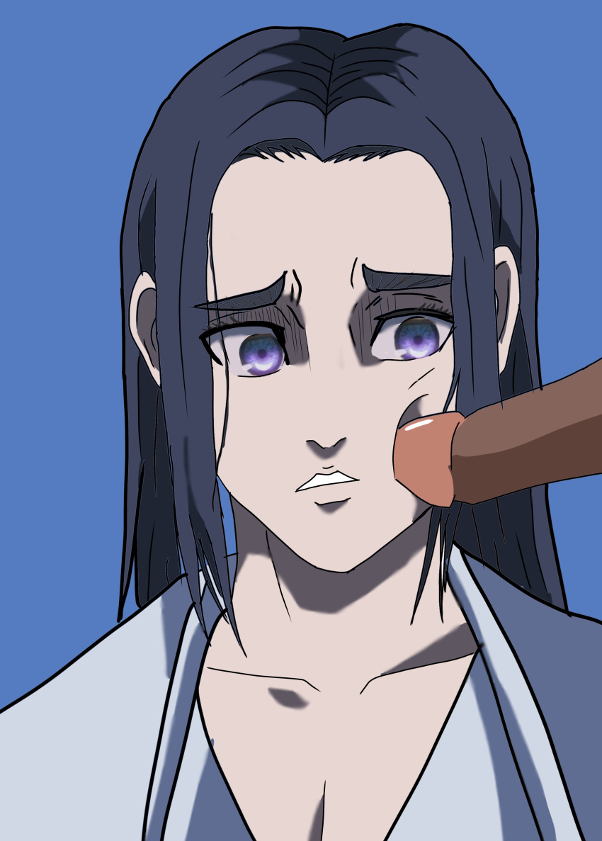 1boy 1girls artist_request attack_on_titan black_hair dark-skinned_male dark_blue_hair facefuck female frieda_reiss imminent_oral interracial kneeling long_hair oral pale-skinned_female penis_on_face petite questionable_consent royalty shingeki_no_kyojin slim tagme violet_eyes worried