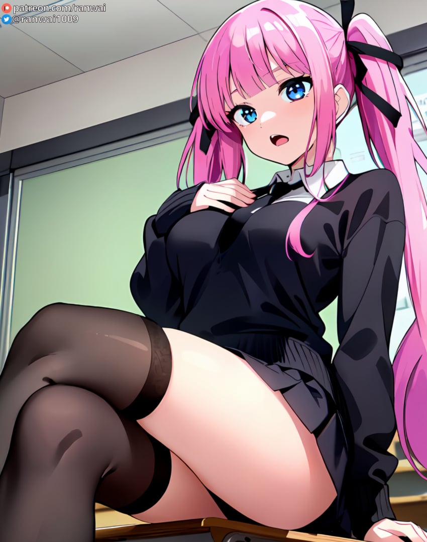 ai_generated blue_eyes himekawa_nene large_breasts manga mayonaka_heart_tune pink_hair ranwai sitting stable_diffusion tune_in_to_the_midnight_heart uniform