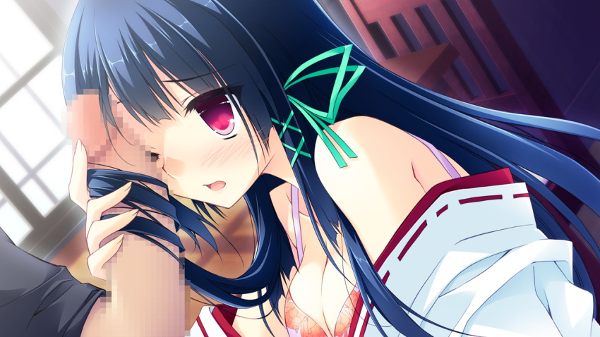 black_hair blush censored cleavage doushite_sonna_ni_kuroi_kami_ga_suki_nano? fire_works game_cg hairjob handjob iwanaga_no_ichouhime japanese_clothes long_hair open_mouth red_eyes satsuki_misuzu tagme