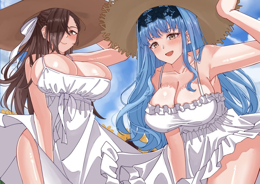 2girls :d alternate_costume alternate_hairstyle bangs bare_arms bare_shoulders bare_thighs blue_hair breasts brown_eyes brown_hair bursting_breasts cleavage collarbone dress female female_only fire_emblem fire_emblem:_three_houses fire_emblem_fates fire_emblem_warriors:_three_hopes from_below hair_over_one_eye hairband huge_breasts kagero_(fire_emblem) large_breasts light_blue_hair long_hair looking_at_viewer looking_down marianne_von_edmund multiple_girls nintendo official_alternate_hairstyle open_mouth outdoors pushing pushing_down rynn_(darknescorez) shoulders sideboob skindentation smile straw_hat sun_hat sunflower thighs very_long_hair