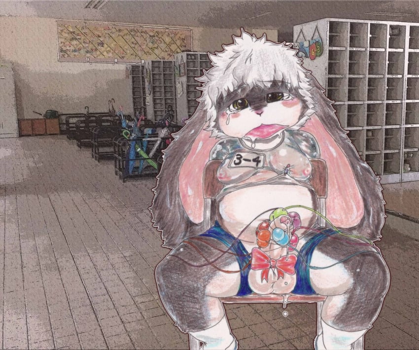 alucaje_(pixiv) balls big_ears blush bow chair clothing dong_ribbon egg_vibrator erection floppy_ears gym_shorts gym_uniform humanoid_penis inside lagomorph looking_at_viewer male mammal moobs nervous nipples obese open_mouth overweight partially_clothed penis penis_ribbon precum rabbit saliva sex_toy sitting solo spread_legs spreading tears uncut vibrator wet_shirt