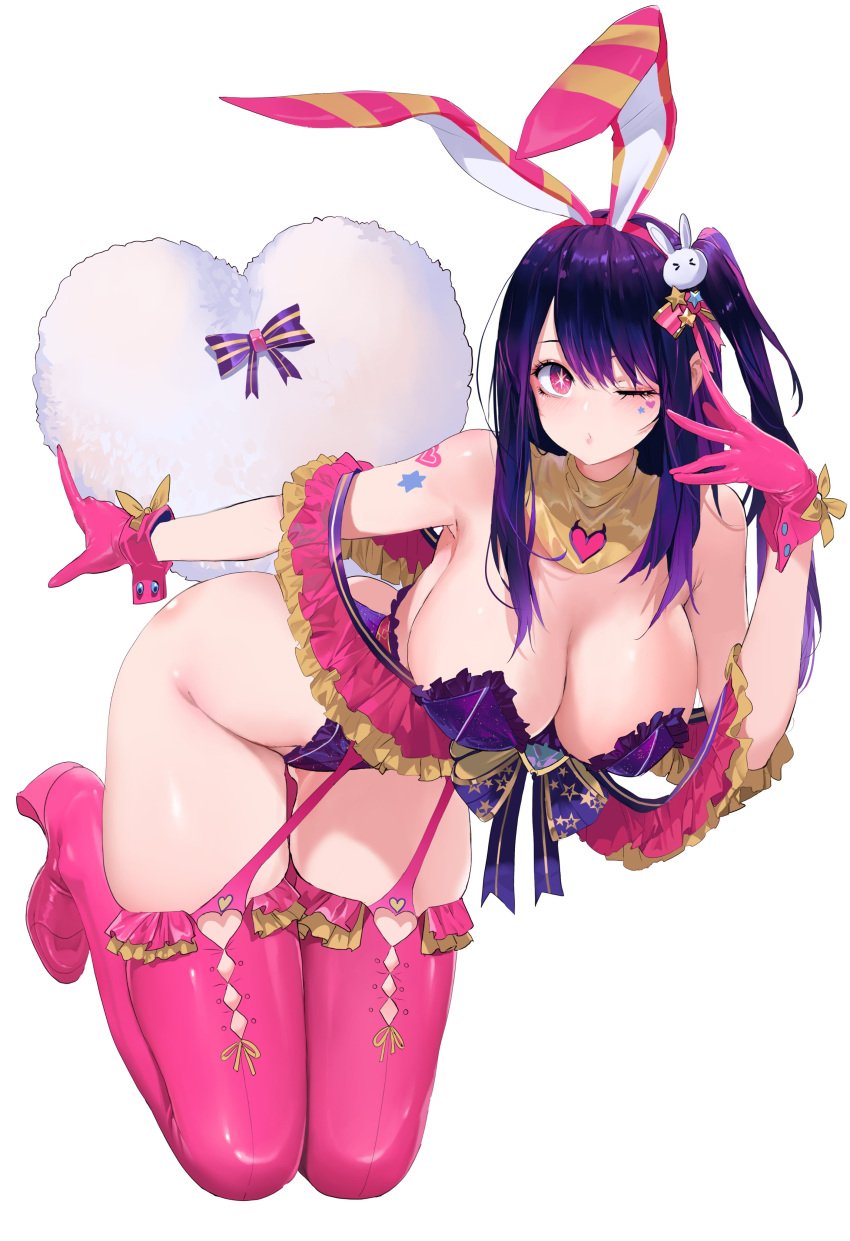 alternate_costume animal_ears ass_visible_through_thighs bare_shoulders blush breasts bunny_ears cleavage closed_mouth dishwasher1910 fake_animal_ears female full_body gloves hair_ornament hair_ribbon hairband hand_up high_heels hoshino_ai idol large_breasts leotard long_hair looking_at_viewer off_shoulder one_eye_closed oshi_no_ko pink_bunny_ears pink_eyes pink_eyes_female pink_garter_straps pink_gloves pink_hair_ribbon pink_hairband pink_ribbon pink_thighhighs playboy_bunny purple_eyes purple_eyes_female purple_hair purple_hair_female purple_leotard rabbit_ears ribbon shoes side_ponytail sideboob simple_background solo symbol-shaped_pupils thigh_gap thighhighs thighs white_background