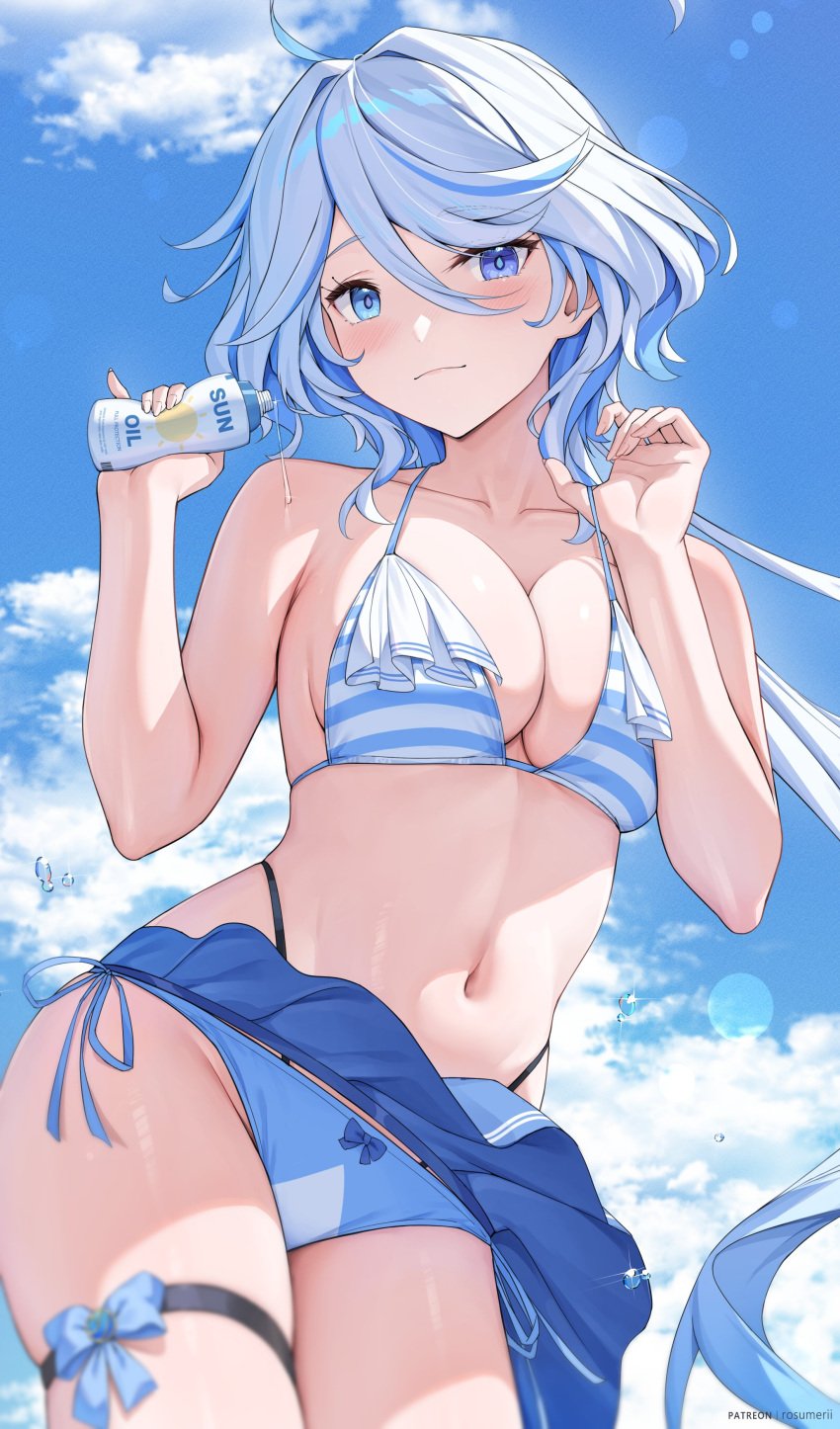 1girls 2d 2d_(artwork) alternate_breast_size alternate_costume belly_button big_breasts bikini bikini_bottom bikini_top blue_bikini blue_bikini_bottom blue_bikini_top blue_eyes blue_hair blue_swimsuit bra clouds day female female_focus female_only front_view furina_(genshin_impact) genshin_impact heterochromia high_resolution highres holding_object hoyoverse light-skinned_female light_skin long_hair mihoyo multi-strapped_bikini navel outdoors rosumerii slim_girl smiling smiling_at_viewer solo solo_female solo_focus standing summer swimsuit thong thong_bikini two_piece_swimsuit two_tone_hair white_hair young younger_female