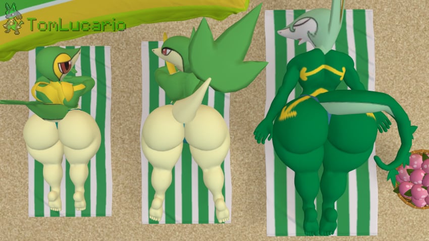 3boys 3d 3d_(artwork) androgynous anthro ass barefoot beach beach_towel big_ass big_butt closed_eyes femboy fruit game_freak green_body green_skin huge_ass huge_butt kabalmystic lying lying_on_stomach male male_only nintendo on_front on_stomach pokemon pokemon_(species) relaxing serperior servine sfm sleeping snivy sunbathing tagme tail thong tom_lucario towel wide_hips