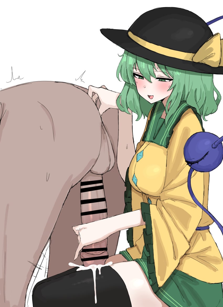 1boy absurdres ass bar_censor black_thighhighs censored clothed_female_nude_male female green_eyes green_hair green_skirt handjob highres komeiji_koishi kumiyabe long_sleeves nude open_mouth penis shirt short_hair skirt smile solo_focus testicles thighhighs thighs touhou yellow_shirt