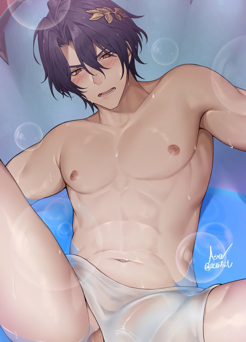 1boy abs asaifrit bath_towel blue_hair blush blush bubbles bulge dr._ratio_(honkai:_star_rail) gay honkai:_star_rail muscular muscular_male penis penis_outline wet wet_towel yaoi