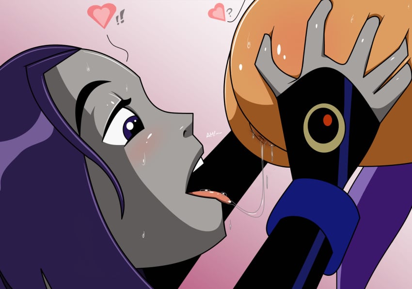 ! !! <3 2girls ? accurate_art_style anus ass blush dc dc_comics english_text hearts multiple_girls open_mouth purple_hair rachel_roth randomrandom raven_(dc) rimming saliva starfire teen_titans teeth text tongue tongue_out yuri