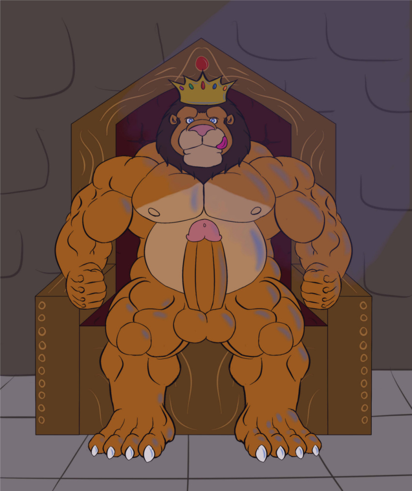 balls biceps big_muscles bulge chubby crown erection feline half-king krosbar_(artist) lion male male_only mammal musclegut muscles nude overweight pecs penis royalty sitting throne