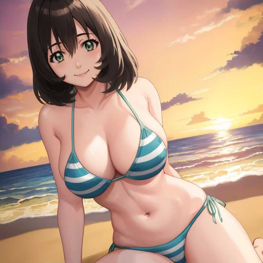 1girls ai_generated asian asian_female bangs bare_midriff bare_shoulders bare_thighs beach bikini bikini_bottom bikini_top bob_cut breasts brown_hair busty cleavage dusk evildragon female female_focus green_eyes light-skinned_female light_skin mature mature_female midriff milf natsukawa_machiko oppai outdoors paipan panchira_teacher petite seaside sensei shoulder_length_hair sitting smile solo sunset swimsuit teacher thighs