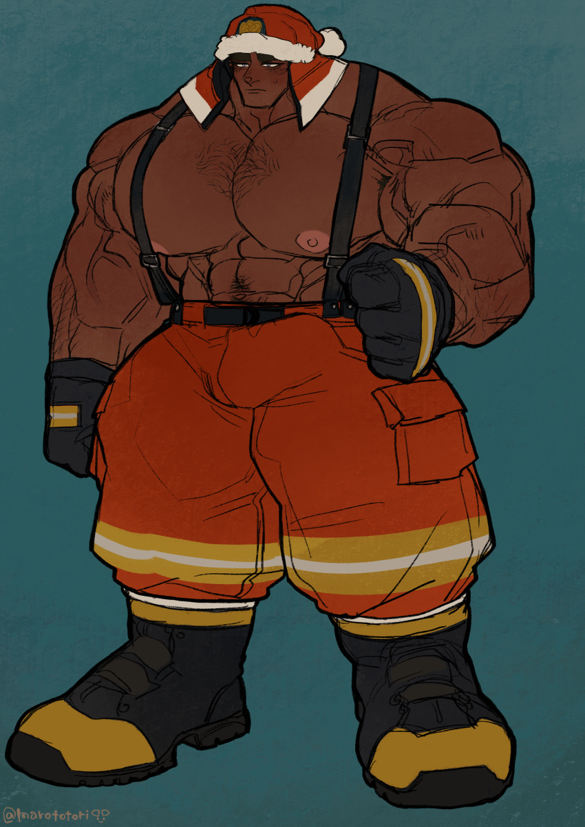 balls bara big_balls big_muscles big_penis bulge clothing firefighter firefighter_uniform flaccid male male_only marototori muscles muscular penis solo solo_male