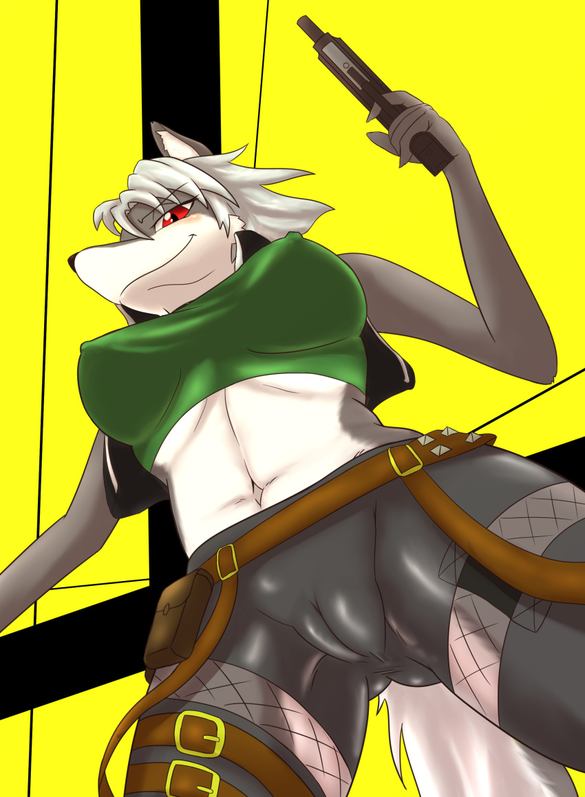 breasts canine female fur grey_fur grey_hair gum hair kemono mammal nipples plain_background pussy red_eyes saru_gundan smile yellow_background
