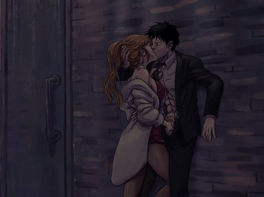 1boy 1girls actress alley alternate_universe black_hair bodyguard clothed clothing dress female handjob holding_hair jacket kissing long_hair male monkey_d_luffy nami nextcastle one_piece open_shirt orange_hair outdoors passionate passionate_kiss penis penis_out post-timeskip pulling_tie romantic scar sensual short_hair suit suit_and_tie