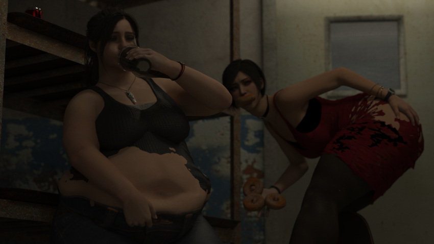 2girls 3d ada_wong ass belly big_ass big_belly capcom claire_redfield fat fat_woman female morbidly_obese obese obese_female overweight overweight_female persondudemanguy resident_evil torn_clothes wardrobe_malfunction weight_gain