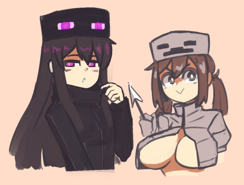 2girls andr_(mob_talker) arrow ayumi_(mob_talker) black_hair black_jacket breasts brown_eyes brown_hair docecaedrus enderman female female_only gray_shirt grey_shirt hat light-skinned_female light_skin long_sleeves minecraft mob_talker purple_eyes revealing_clothes simple_background skeleton_(minecraft) tagme